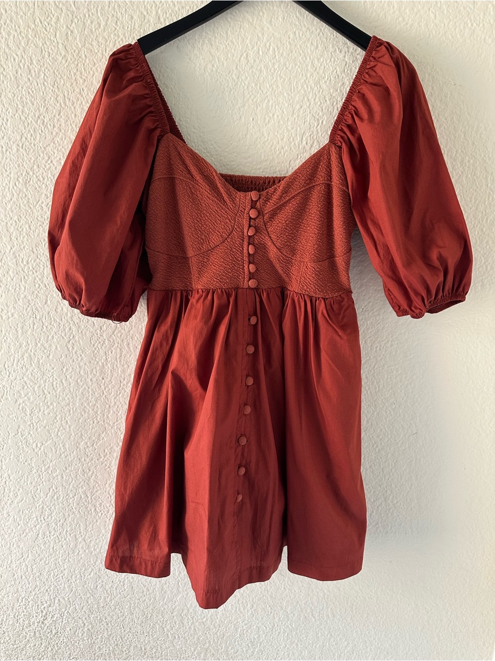 Anthropologie Rust Puff-Sleeve Button-Front Tunic Dress